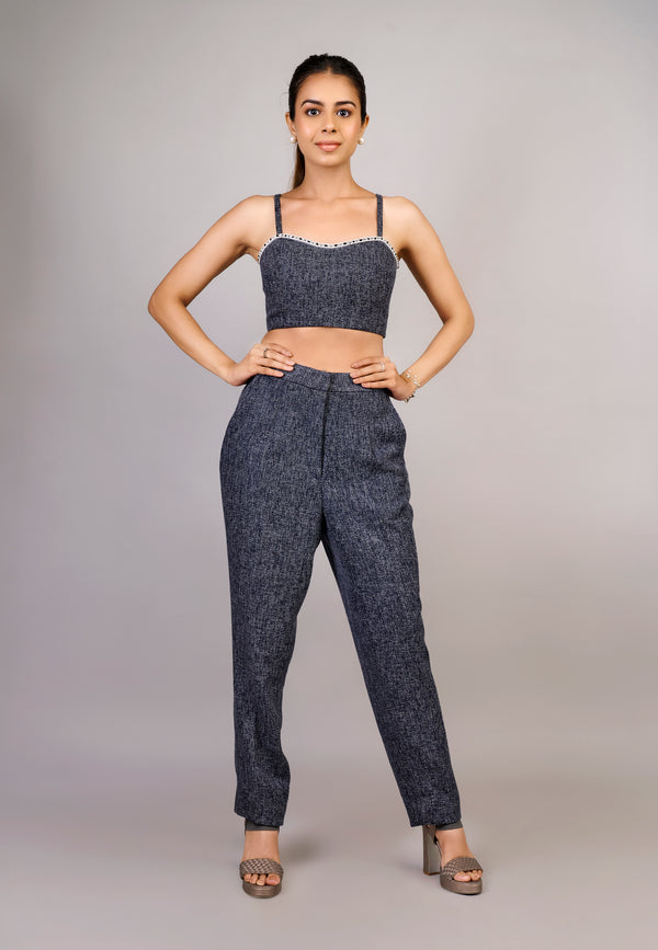 Arctic Black tube top boot cut pant Chinese collar jacket