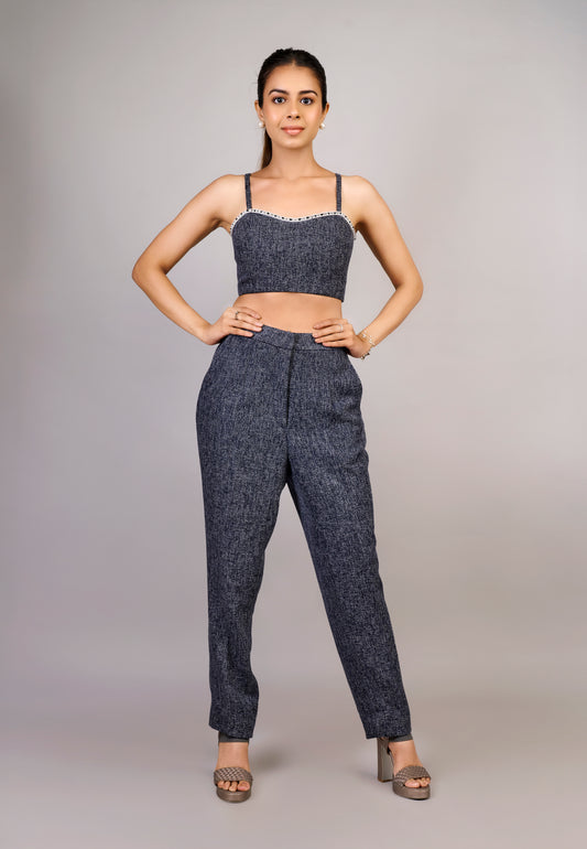Arctic Black tube top boot cut pant Chinese collar jacket