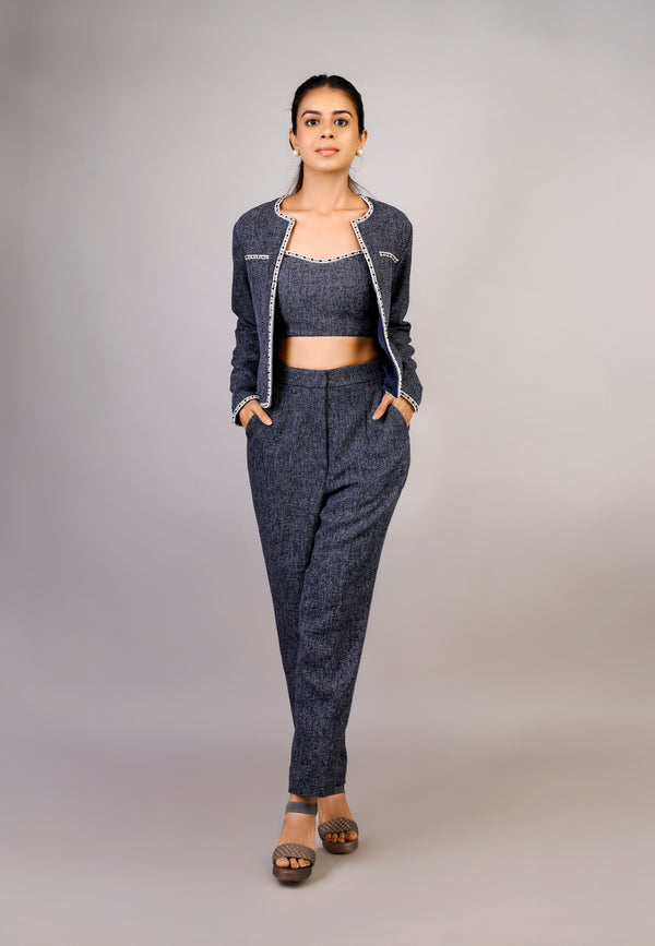 Arctic Black tube top boot cut pant Chinese collar jacket