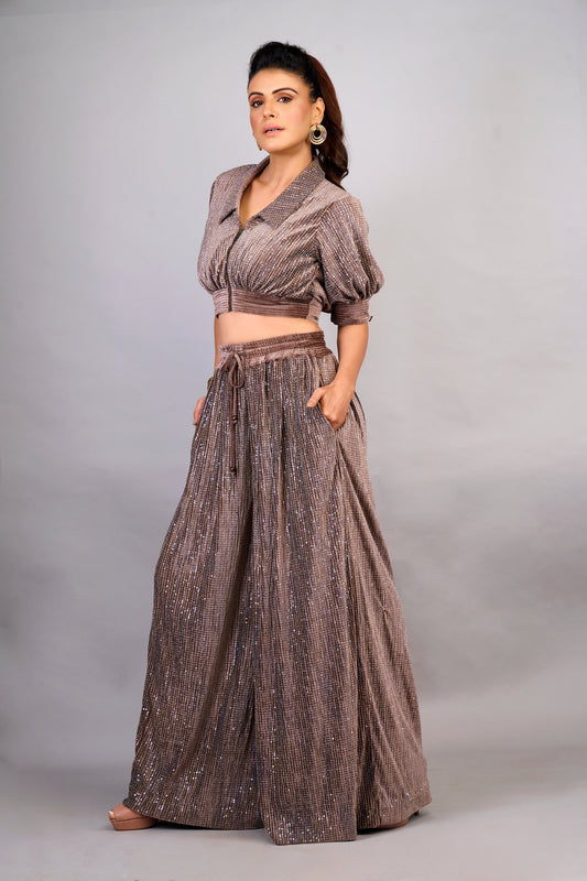 Brunette Brown Crop Zipper top & Casual pocket wide pants
