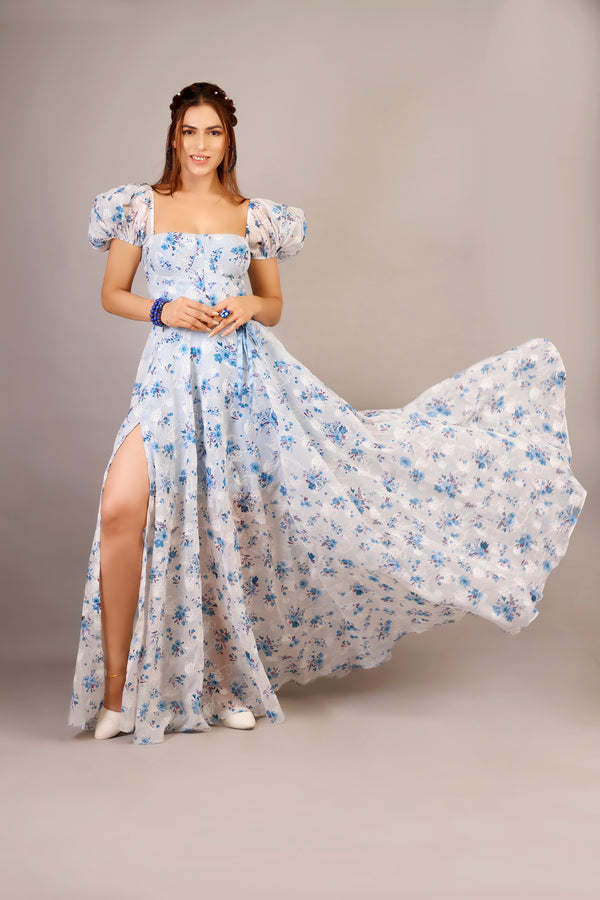 Day sky blue & white floral gown