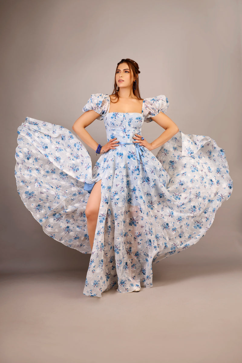 Day sky blue & white floral gown