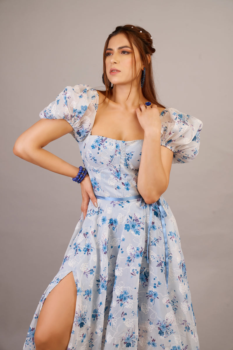 Day sky blue & white floral gown